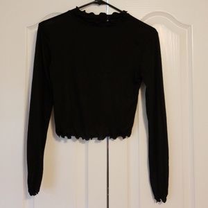 Cute Black Ruffled Long Sleeved Crop Top.